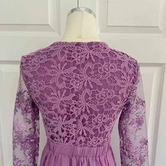 Boho Chic Lavender Lace V-Neck Bell Sleeve Cottagecore Tiered Maxi Dress Size S - Picture 10 of 14